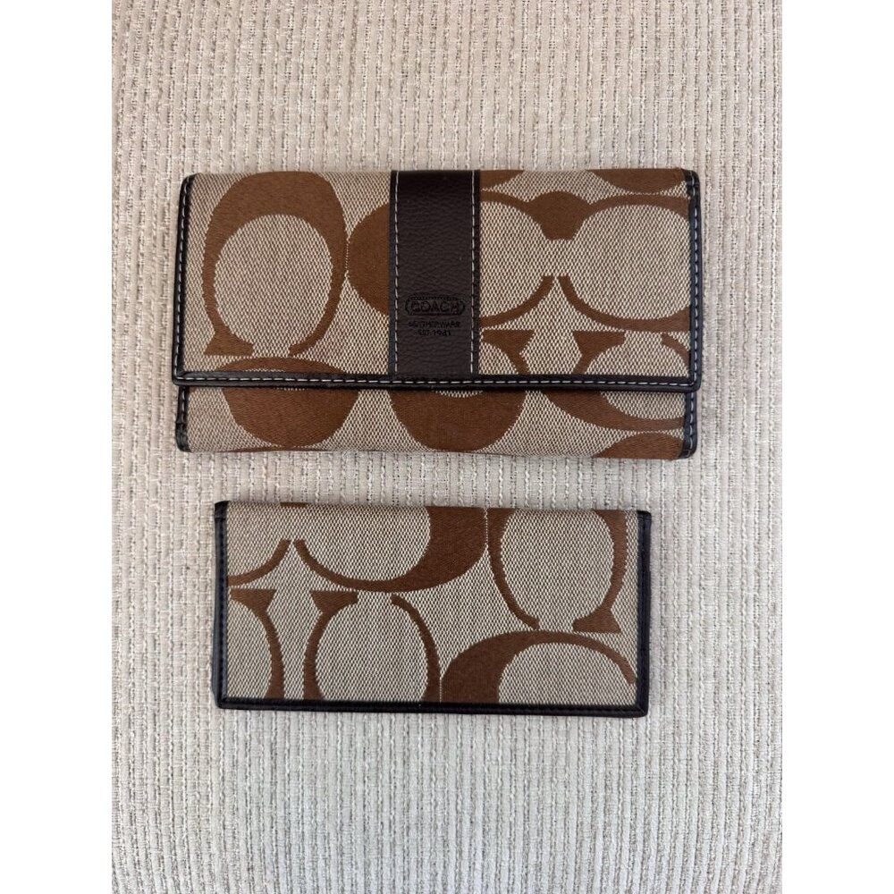 COACH Brown Trifold Checkbook Signature Canvas Wallet Leather Trim Zip Pocket